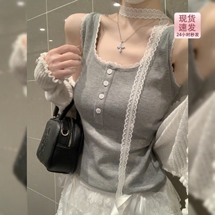 miu系灰色方领蕾丝花边工字吊带背心女2025内搭外穿遮副乳短上衣