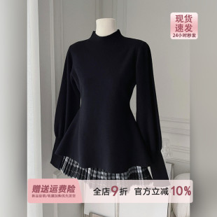 韩系黑色半高领长袖针织打底衫女2026秋冬内搭灯笼袖收腰毛衣上衣
