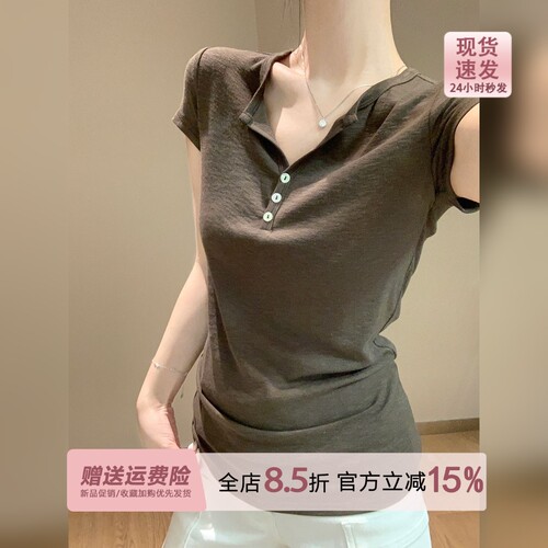 复古军绿色亨利领亲肤透气短袖t恤女夏季修身miu系纽扣薄款上衣
