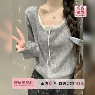 miu系灰色蕾丝方领长袖针织衫女2026秋冬内搭假两件毛衣打底上衣