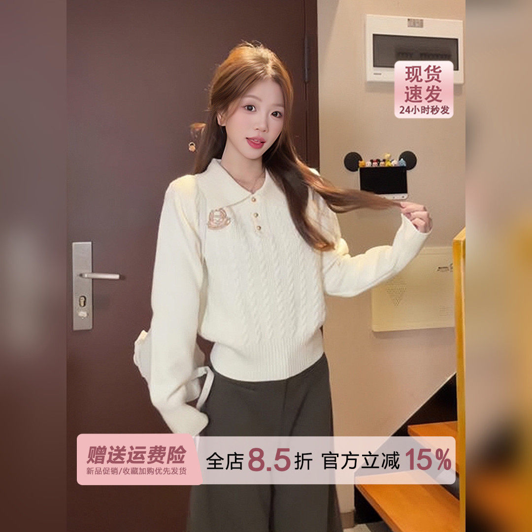 刺绣polo领麻花长袖针织衫女2026秋冬季内搭可外穿毛衣打底衫上衣