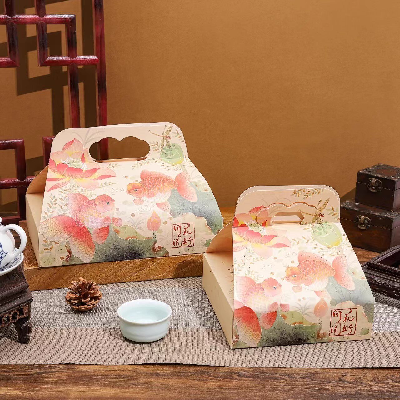 2025月饼包装盒5套入简易款金鱼花好月圆4粒6粒冰皮流心中秋礼盒