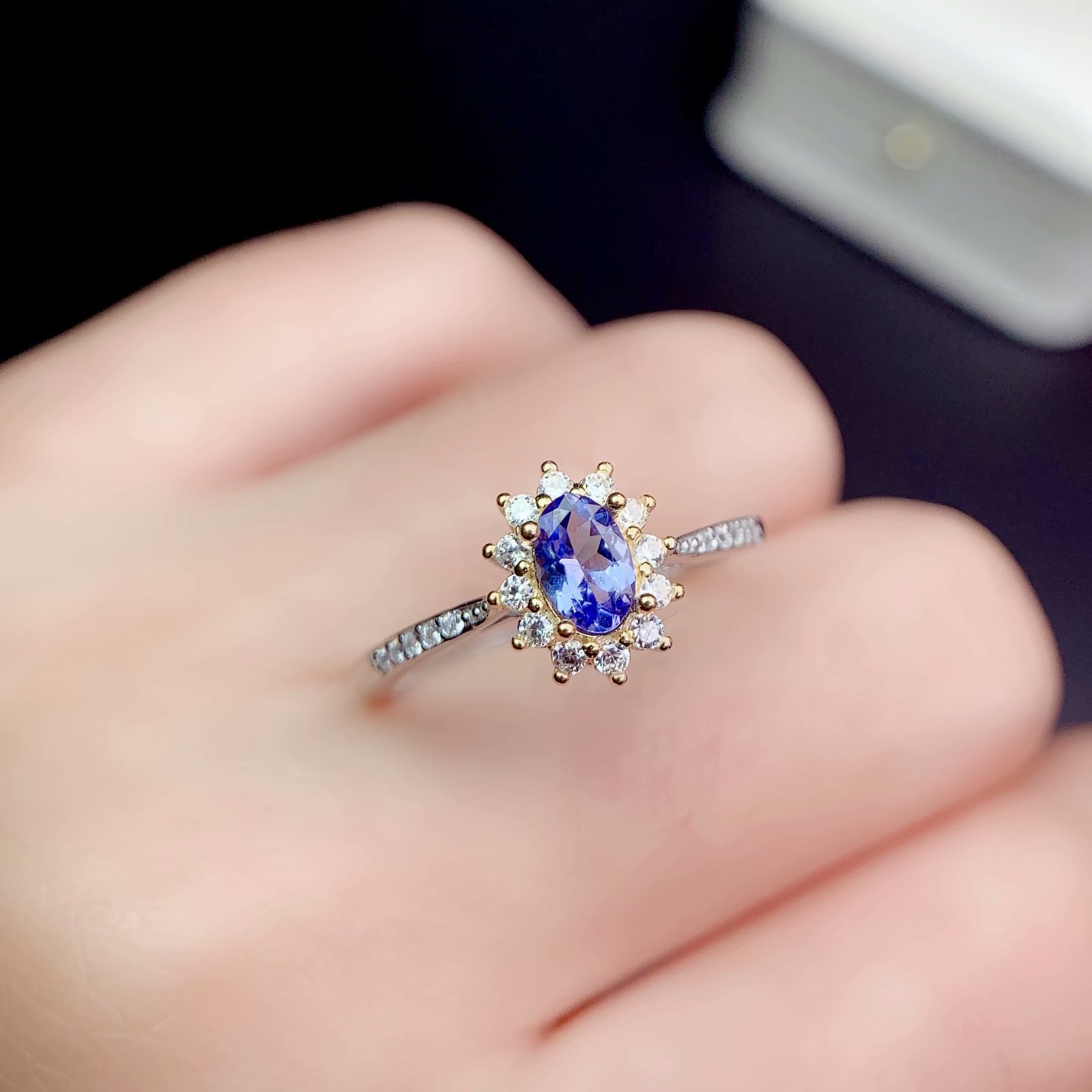 新款925银镀金双色戒指空托经典奢华镶嵌椭圆4*6mm碧玺彩宝红蓝宝