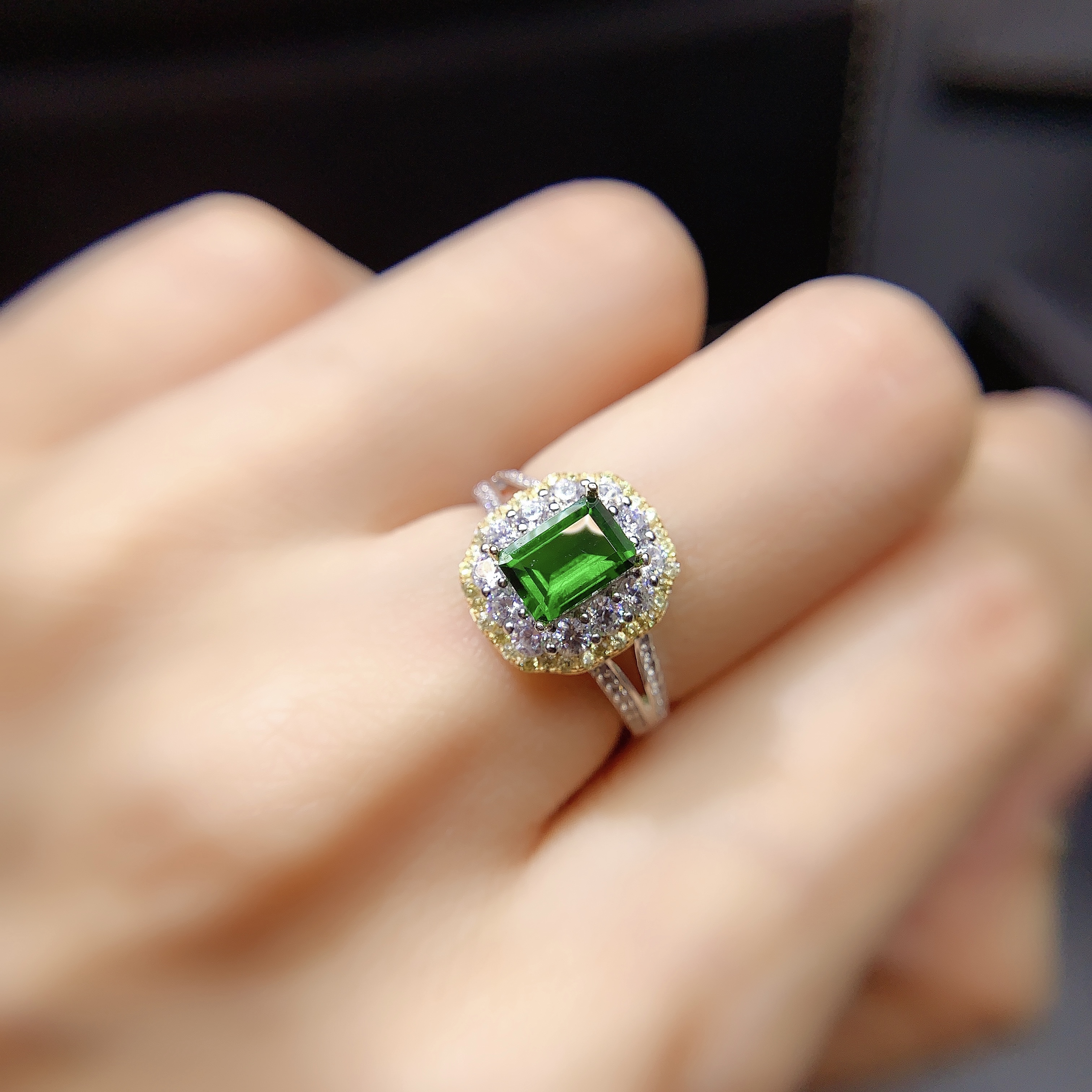 新款925银镀金双色戒指空托豪华经典镶嵌长方5*7mm碧玺彩宝红蓝宝