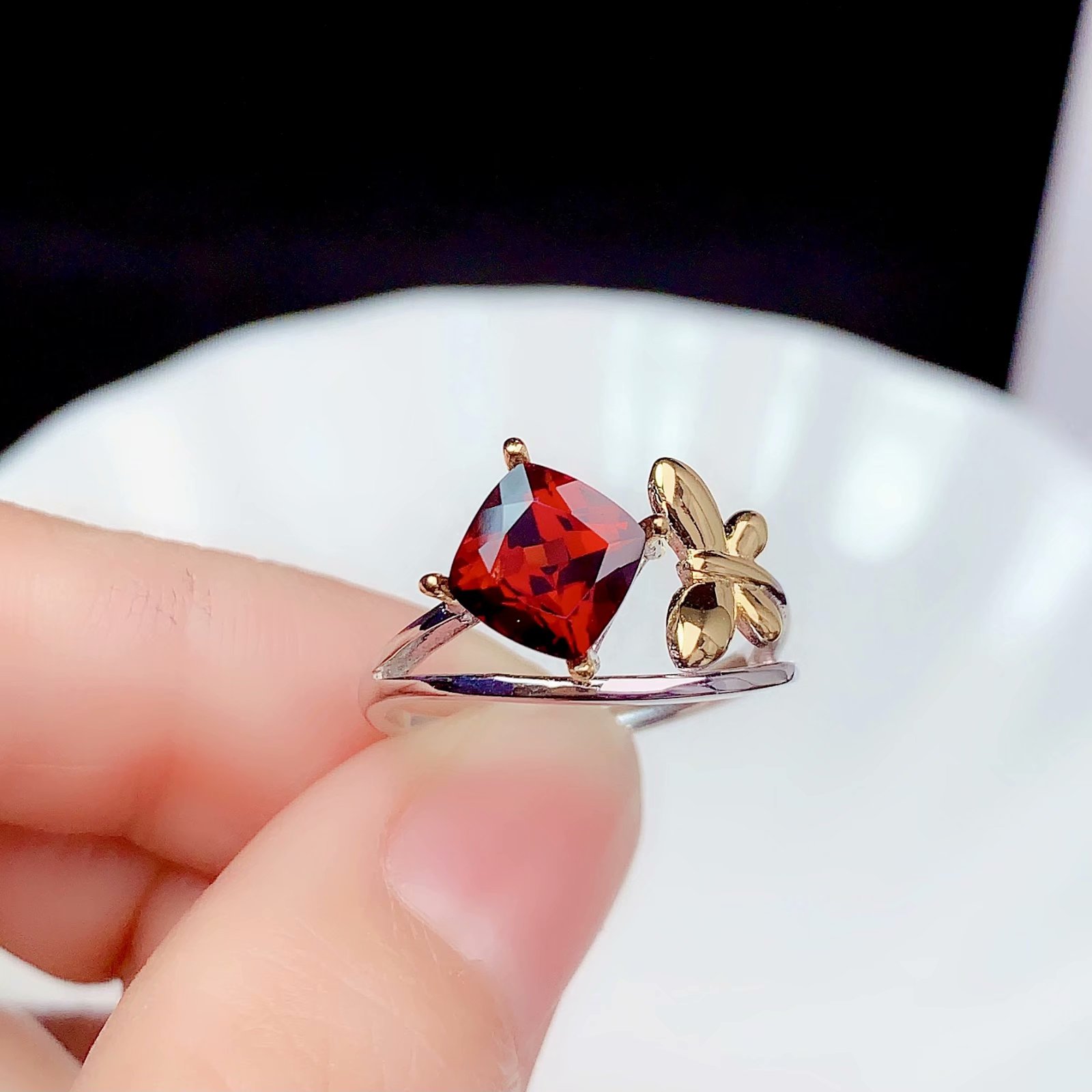 新款925银镀金双色戒指空托时尚清新镶嵌方6*6mm碧玺彩宝红蓝宝