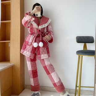 pink 夹棉超厚三层夹棉大翻领女甜美保暖宽松家居服 grape睡衣冬季