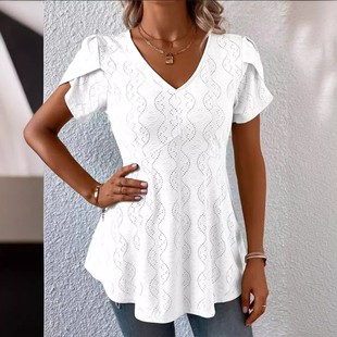 亚马逊欧美跨境外贸春夏新款 休闲恤上衣女 纯色领飞飞短袖