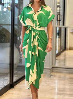 外贸亚马逊欧美跨境女装印花翻领短袖高腰长款衬衫连衣裙