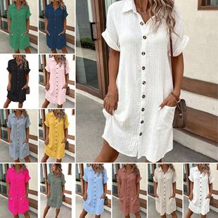 连衣裙女装 宽松衬衫 短袖 亚马逊欧美跨境休闲纯色棉麻排扣长款