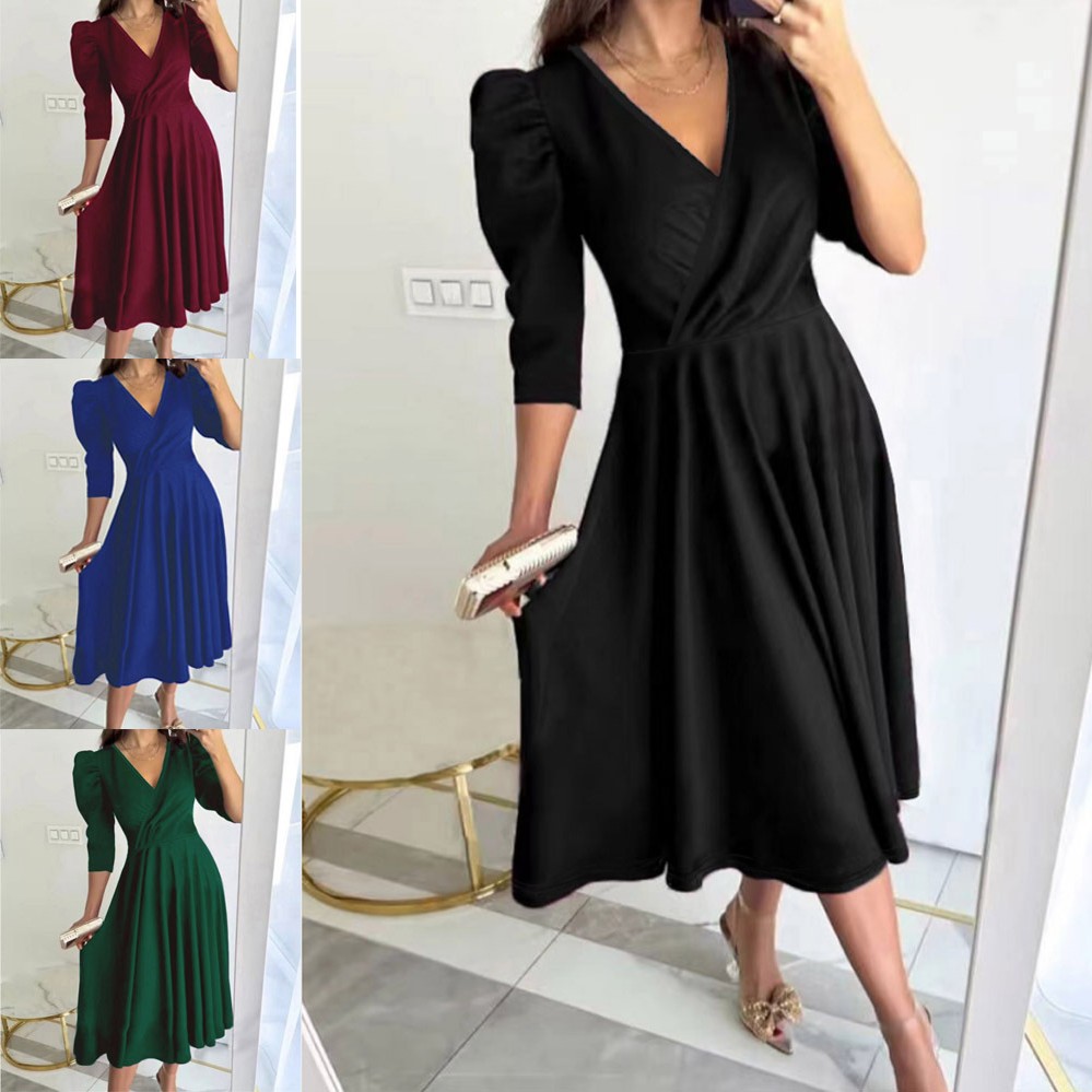 欧美跨境外贸新款女士纯色褶皱收腰七分袖大摆连衣裙