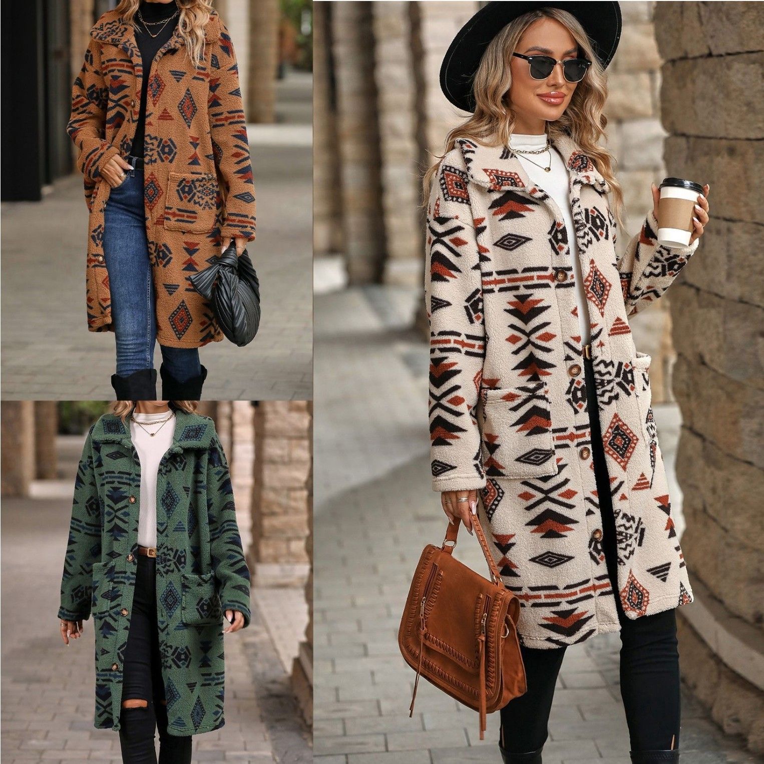 跨境秋冬新款欧美女装单排扣民族风印花毛绒长款大衣外套