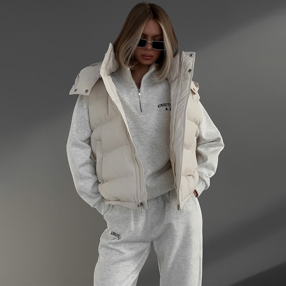 跨境棉服马甲欧美秋冬新款潮流辣妹外搭无袖连帽羽绒棉夹克