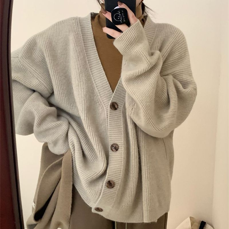 秋冬温柔慵懒复古风大版领针织开衫宽松大码外套上衣毛衣