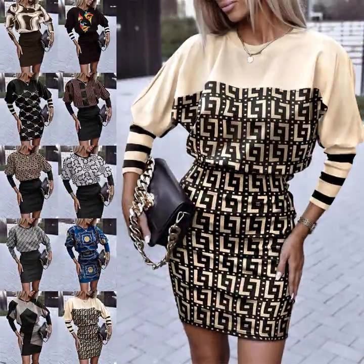 秋冬新款亚马逊速卖通欧美女装圆领长袖通勤高腰连衣裙