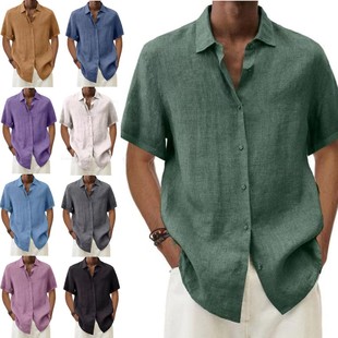 衬衣男 领纽扣棉麻纯色男潮衬衫 独立站亚马逊爆款 夏季