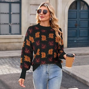跨境亚马逊休闲枫叶图案提花圆领套头针织衫 秋冬新款 欧美毛衣女装