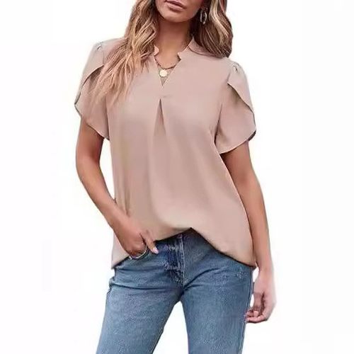 亚马逊独立站爆款女士时尚雪纺衬衫 领花瓣荷叶短袖束腰上衣