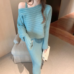韩国气质套头毛衣时尚 女装 两件套 秋冬新款 针织吊带连衣裙套装