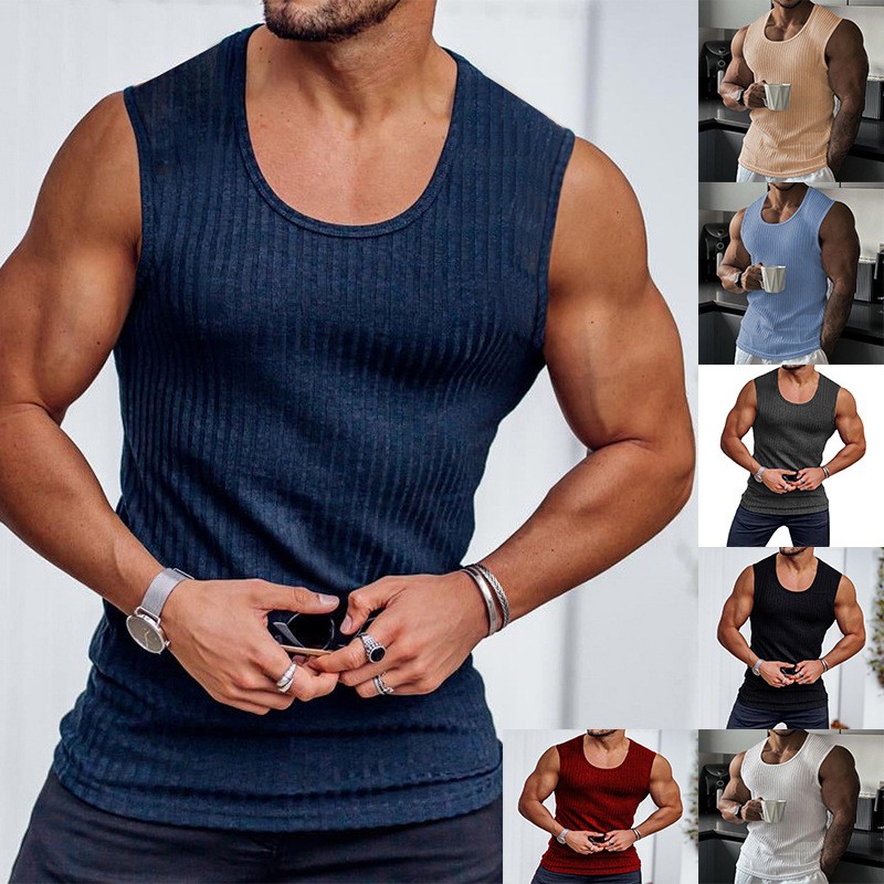 跨境新款夏季健身运动休闲修身背心男士无袖宽肩针织背心男装