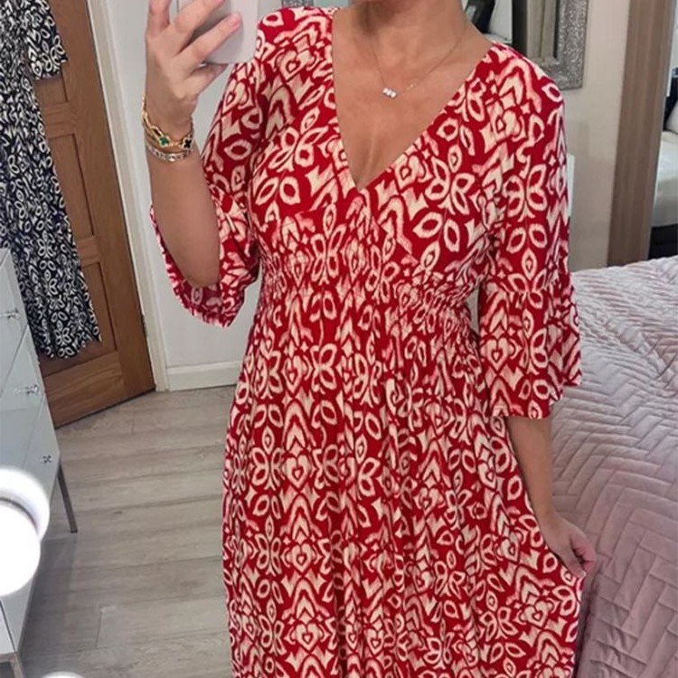 现货年新款大码超仙领碎花连衣裙海边度假沙滩裙宽松百搭长