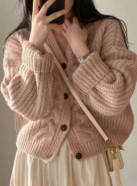 韩国秋季新款慵懒风领泡泡袖麻花纹宽松针织开衫毛衣外套女