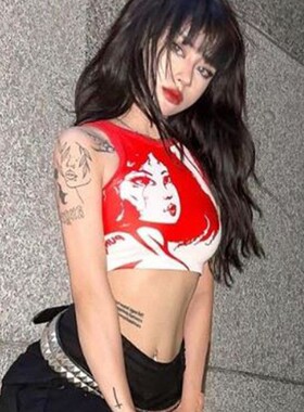 潮流夏季新款圆领套头无袖人像印花露脐欧美女装上衣背心