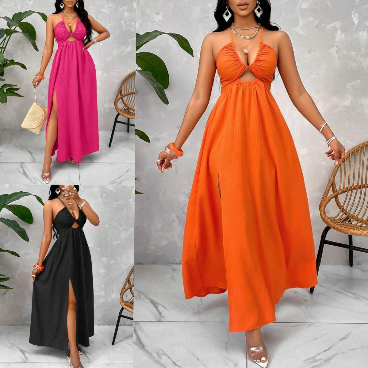 亚马逊欧美新款性感抹胸领连衣裙宽松沙滩度假风开叉吊带裙