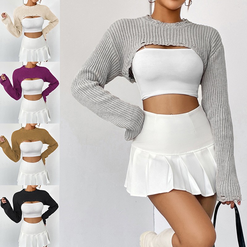 跨境欧美套头针织罩衫女小众设计感超短款外搭性感半截上衣