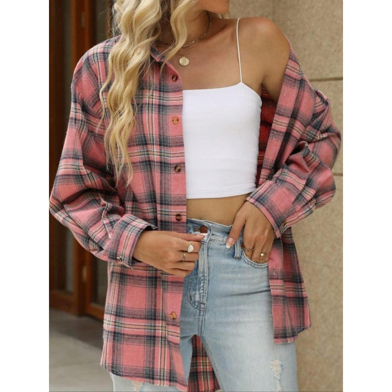 现货跨境外贸女装亚马逊热销新品休闲格子衬衫上衣外套