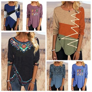 恤衫 外贸亚马逊女式 圣诞节印花上衣 饰圆领长袖 不规则纽扣装