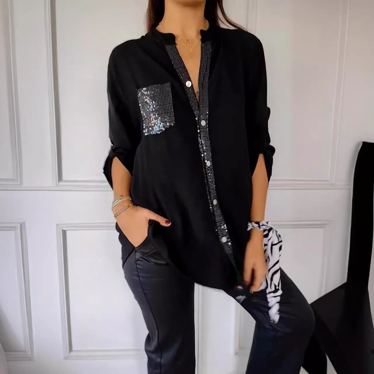 亚马逊夏季新款休闲女装跨境时尚外贸立领亮片口袋开衫上衣