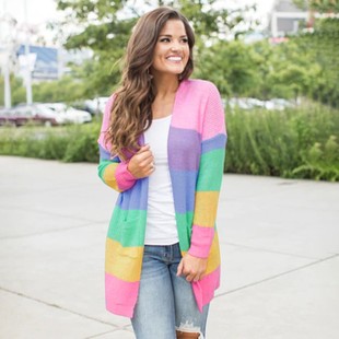 洋洋秋冬毛衣女欧美亚马逊跨境宽松彩色撞色条纹针织开衫 外套 长款