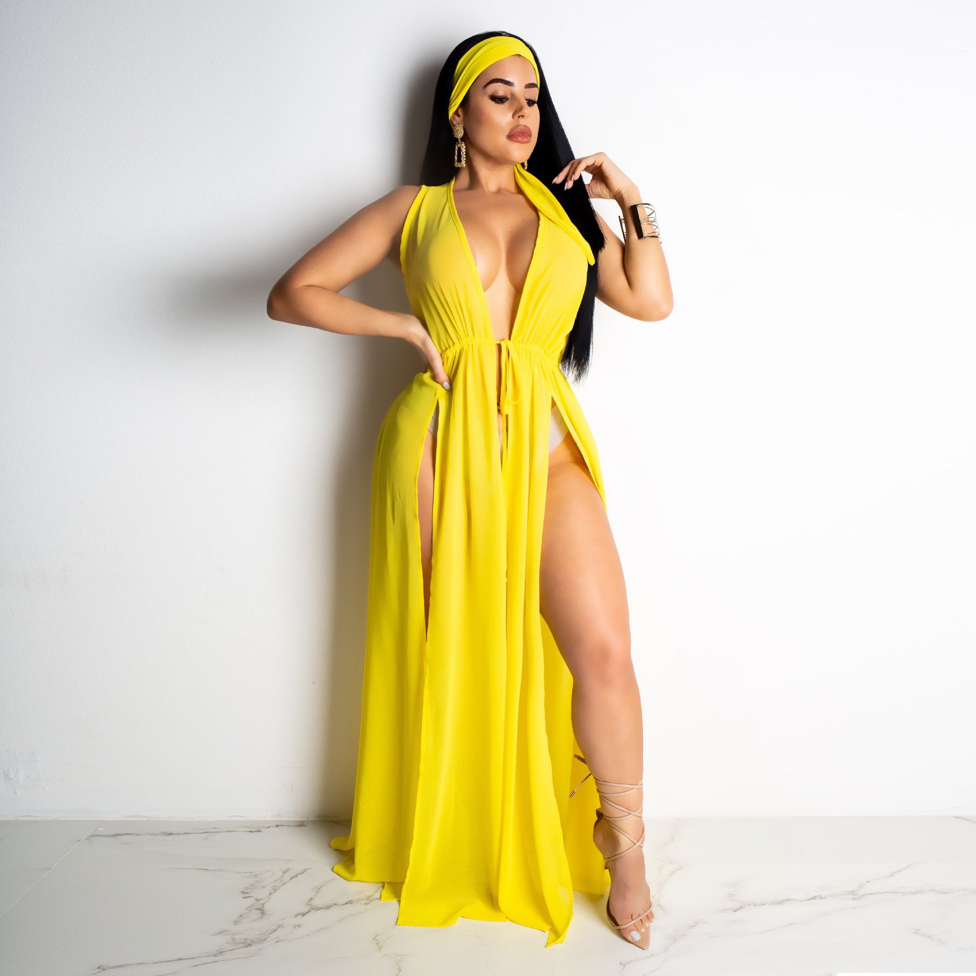 亚马逊女装新款开衫雪纺裙加长款外套披风热卖沙滩裙罩衫