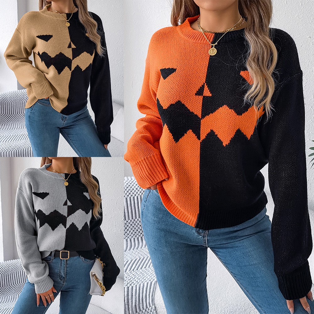 实拍秋冬万圣节幽灵南瓜撞色长袖套头毛衣 亚马逊外贸跨境女装