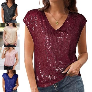女装 新款 性感领亮片珠光闪亮派对背心恤 跨境欧美夏季 春夏季
