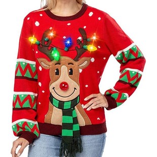 带灯 新颖圣诞氛围毛衣 厂家 圣诞节麋鹿针织衫 年跨境爆款