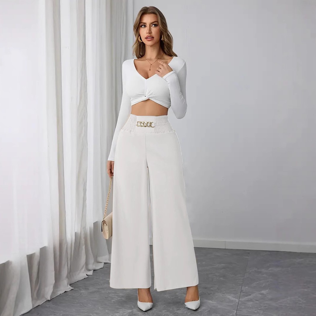 跨境新款亚马逊高腰显瘦气质通勤纯色链条打揽春秋阔腿裤