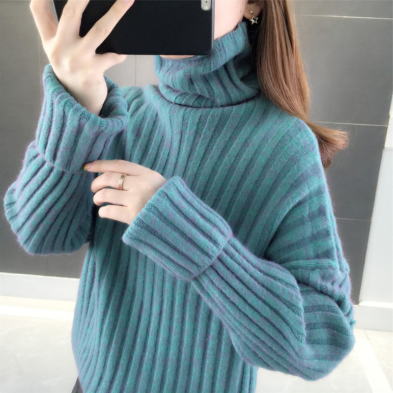 加厚款秋冬新款宽松慵懒风纯色毛衣女高领套头条纹针织打底衫
