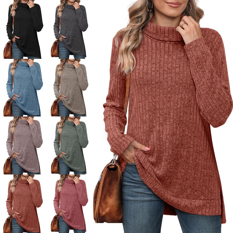 亚马逊欧美秋冬新款高领围脖侧开叉纯色长袖恤跨境女装现货