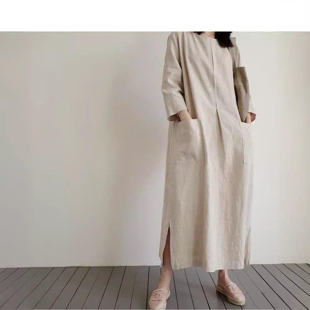 韩国棉麻连衣裙女中长款韩版宽松大码时尚大口袋亚麻休闲裙子