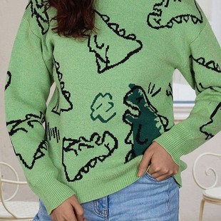 圆领卡通恐龙套头针织衫 亚马逊宽松长袖 欧美秋冬毛衣女装 跨境新款