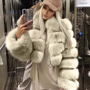 跨境欧美仿皮草外套短款 拼接女外套 翻领仿皮草外套仿狐狸毛长袖