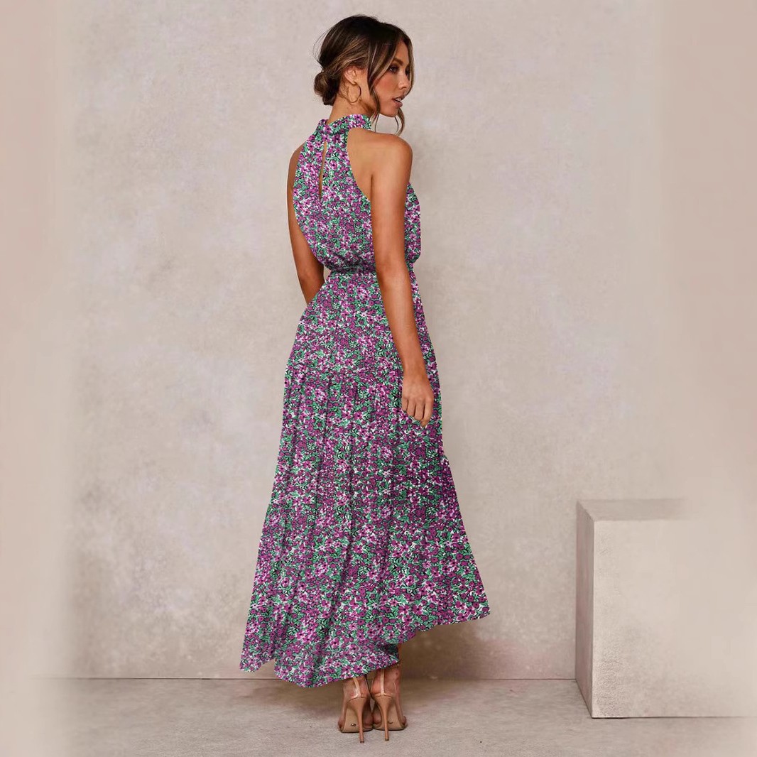 欧美跨境亚马逊女装长裙外贸爆款新款挂脖波点印花系带连衣裙