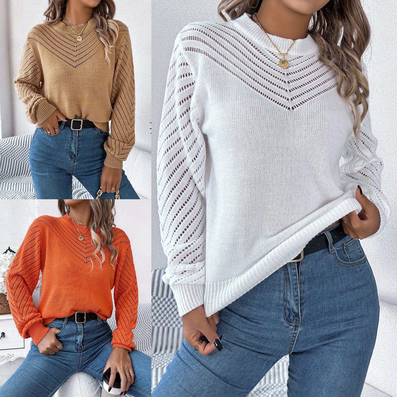 秋冬休闲纯色圆领镂空灯笼袖套头毛衣 独立站跨境欧美女装