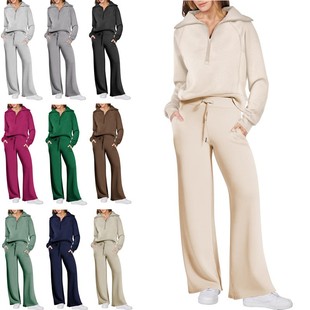 卫衣阔腿裤 拉链长袖 两件套 休闲运动套装 欧美外贸亚马逊秋冬款