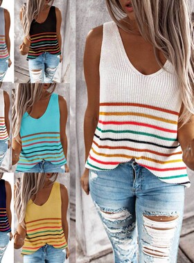 新款毛衣针织背心恤女装欧美多色条纹领内搭套头女士上衣