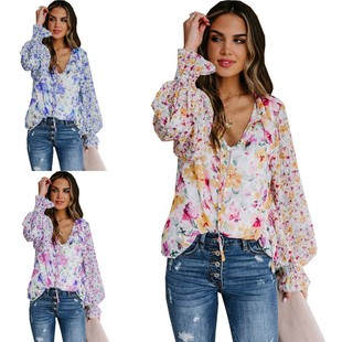 衬衫 亚马逊夏季 碎花灯笼袖 独立欧美跨境外贸女装 新款