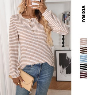 跨境欧美菠萝格休闲纽扣圆领恤针织长袖 亚马逊女装 秋冬新款