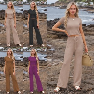 春夏季 针织纯色套装 亚马逊热卖 休闲时尚 跨境欧美女装 新款