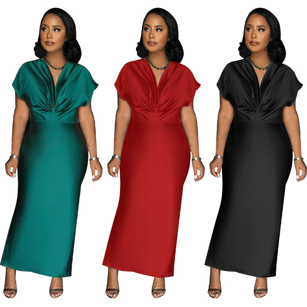 速卖通欧美跨境时尚女装新款领短袖气质修身后开叉连衣裙